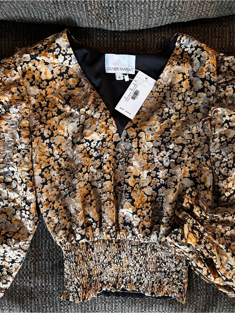 GILNER FARRAR Gold Floral V-Neck Smocked Waist Blouse